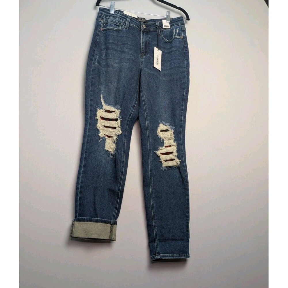 NEW Judy Blue Mid Rise Boyfriend Jeans Women's Sz 9/29 Plaid Patch Cuff New
